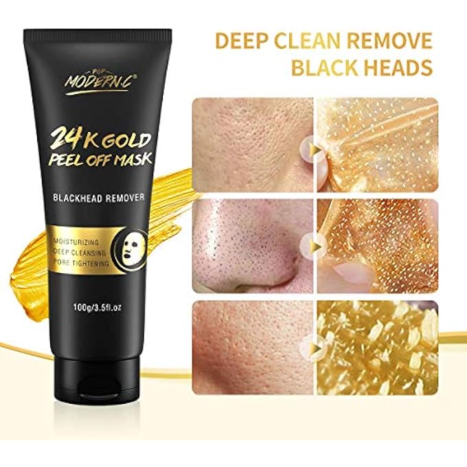 POP MODERN.C BLACKHEAD REMOVER MASK, 24K GOLD PEEL OFF MASK, GOLD FACIAL MASK ANTI-AGING, DEEP CLEANSING, REDUCES FINE LINES WRINKLES GREAT FOR ALL SKIN, WITH BLACKHEAD REMOVER EXTRACTOR TOOLS KIT & MASK BRUSH - Image 2